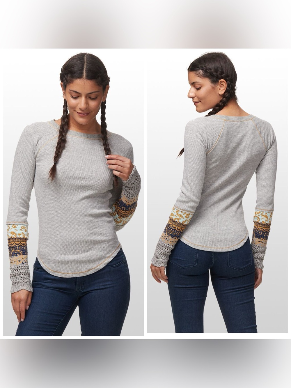 Free People Grey In The Mix Jacquard Cuff Long Sleeve Top Size S